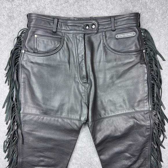 VTG Harley Davidson Leather Pants Womens 16 Black Motorcycle Biker Fringe 80s - Picture 2 of 14